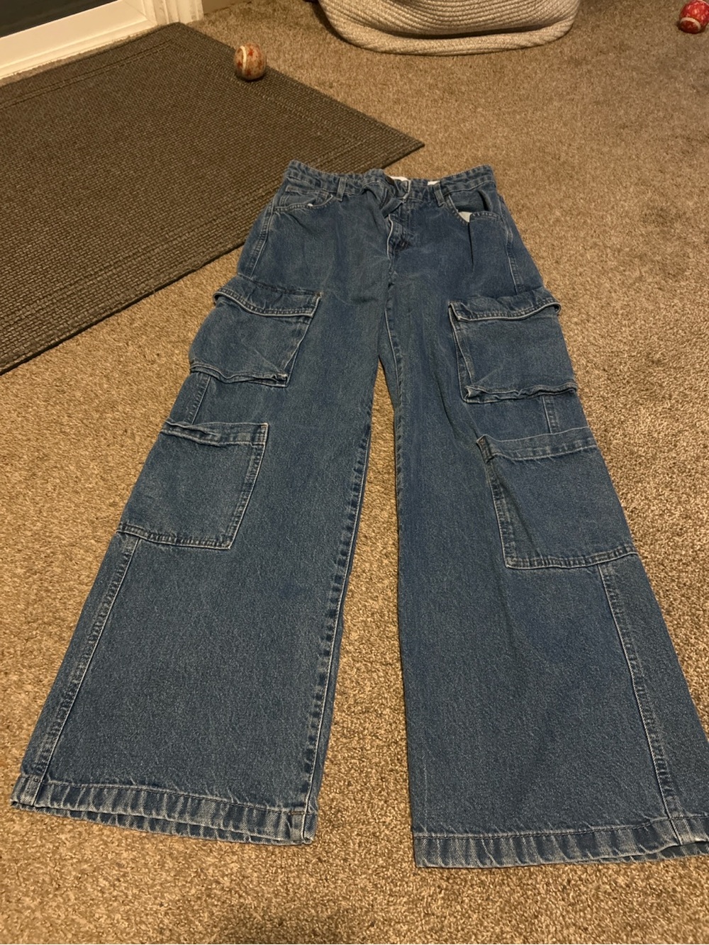 Cotton On Cargo Wide Leg Jeans Women’s US 6 Blue Denim Baggy Y2K Utility Pants